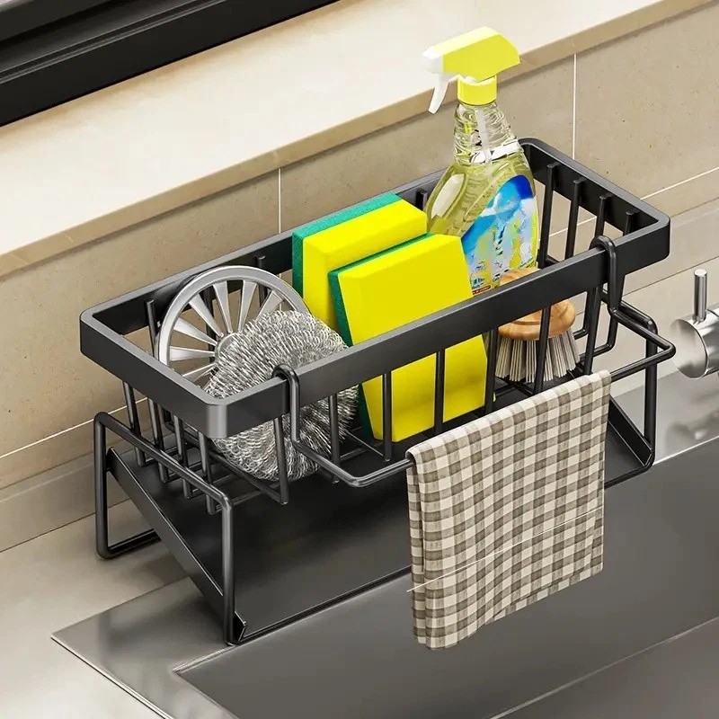 Black Aluminum Kitchen Sink Sponge Organizer Rack with Towel Holder Rust Free
