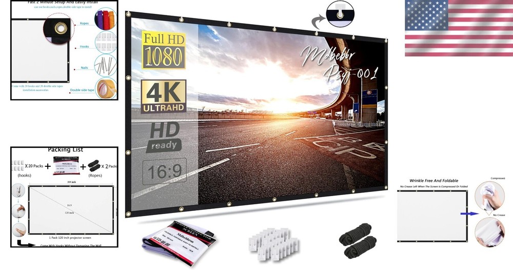 Compact 120 Inch Projector Screen - Easy Setup Foldable Design for All Occasions