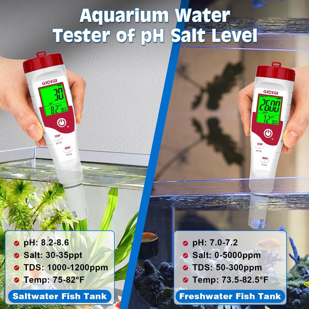 Pool Salt Tester pH Meter New Update Digital pH Tester Salinity Meter with Mu...