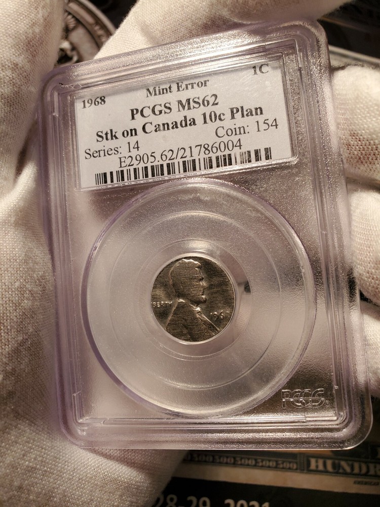 1968 Lincoln Cent Struck on Canada 10 Cents Planchet PCGS MS-62. Mint Error