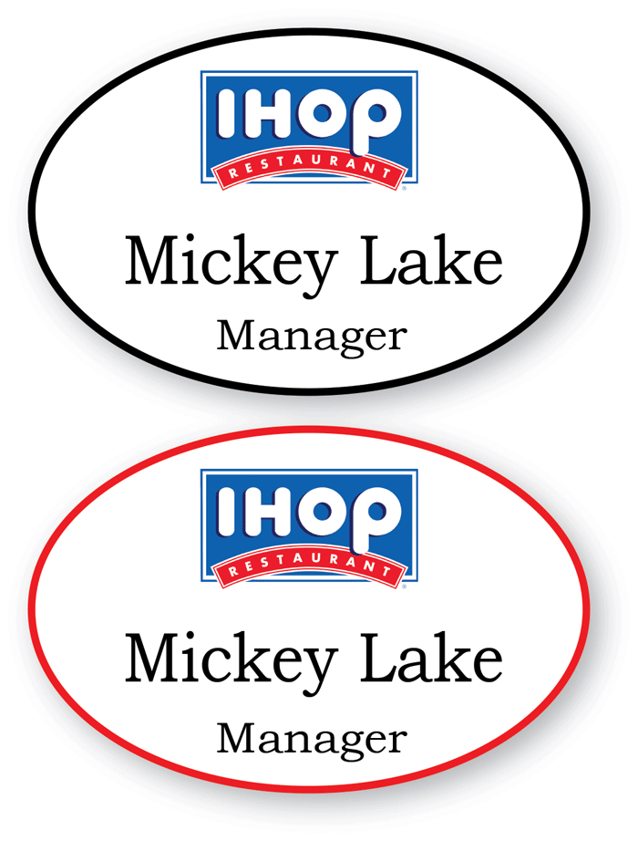 2 WHITE OVAL IHOP RESTAURANTS PERSONALIZED NAME BADGES SAFETY PIN BACK