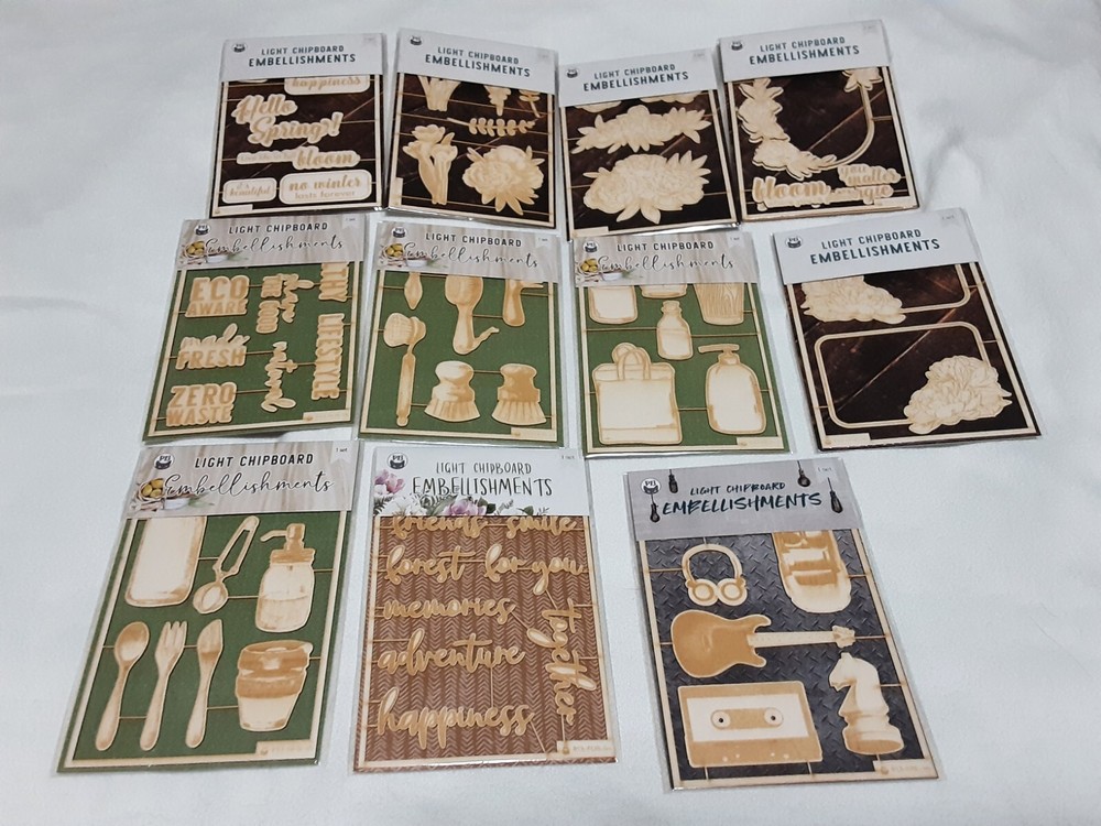 P13 Light Chipboard Embellishments Bundle 11 asst 4x6" frame w/engraved pieces