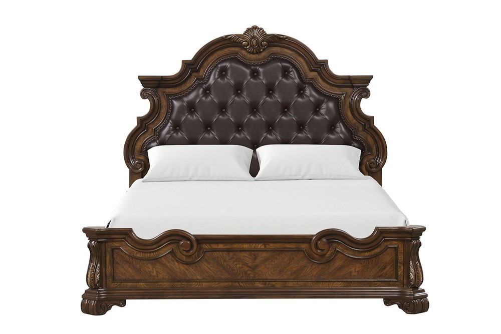 Traditional Dark Brown Eastern King Size 1pc Wooden Panel Bed Set Button Tufting