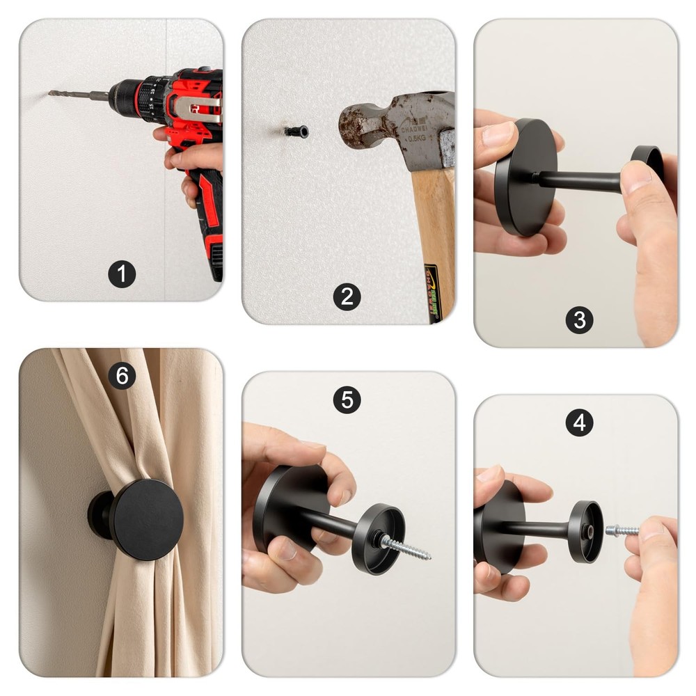 Small Curtain Holdbacks - 2 Pack, Black Curtain Tiebacks Hooks Wall Mounted, ...