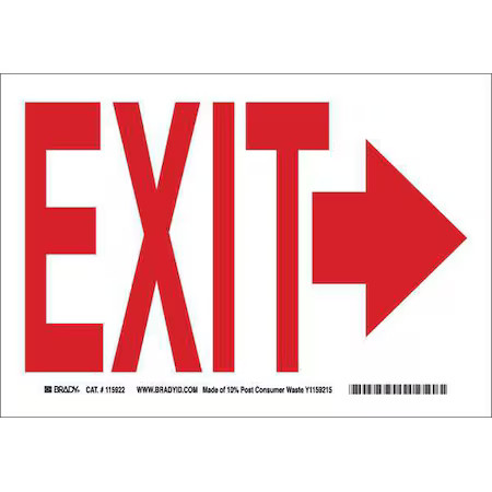 Brady 116087 Exit Sign, Plastic, 14" W, 10" H, Exit, White