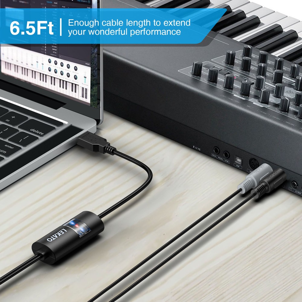 LEKATO 6.5Ft USB MIDI Cable MIDI USB with Input & Output Connecting for Editing