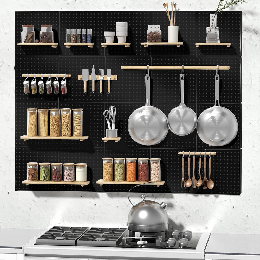 PegBoard 4Pack Metal Pegboard Kit Black Pegboard Wall Organizer with 32Pcs Hooks