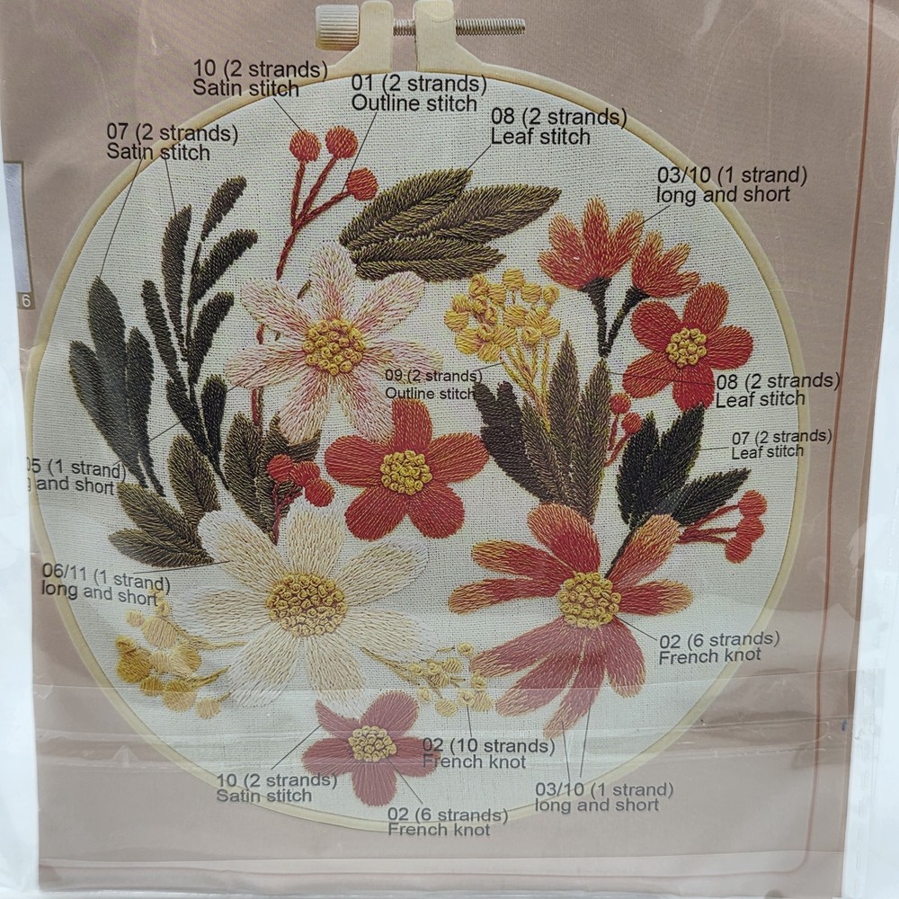 2 Embroidery Kits Complete Fabric Directions Thread Floral Pattern DIY Art Kit