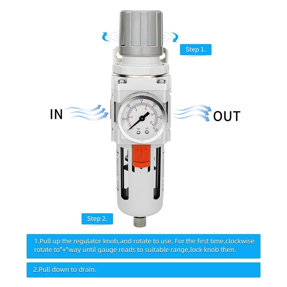 1/2" NPT Air Filter Regulator Combo, 5 Micron Brass Element, Semi-Auto Drain