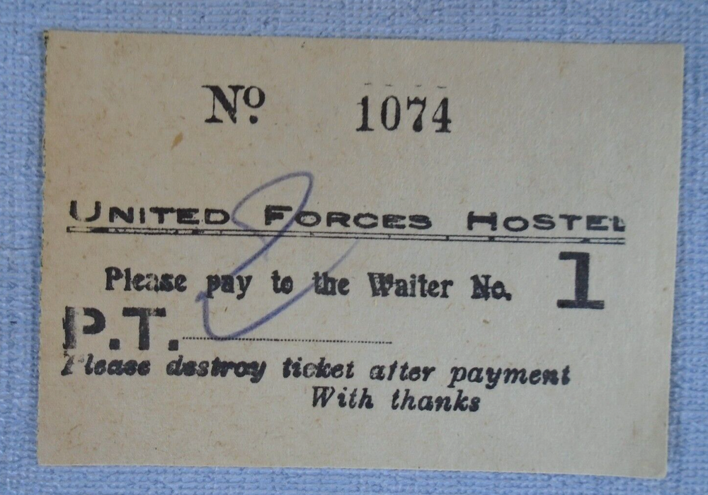 United Forces Hostel ticket, WWII era