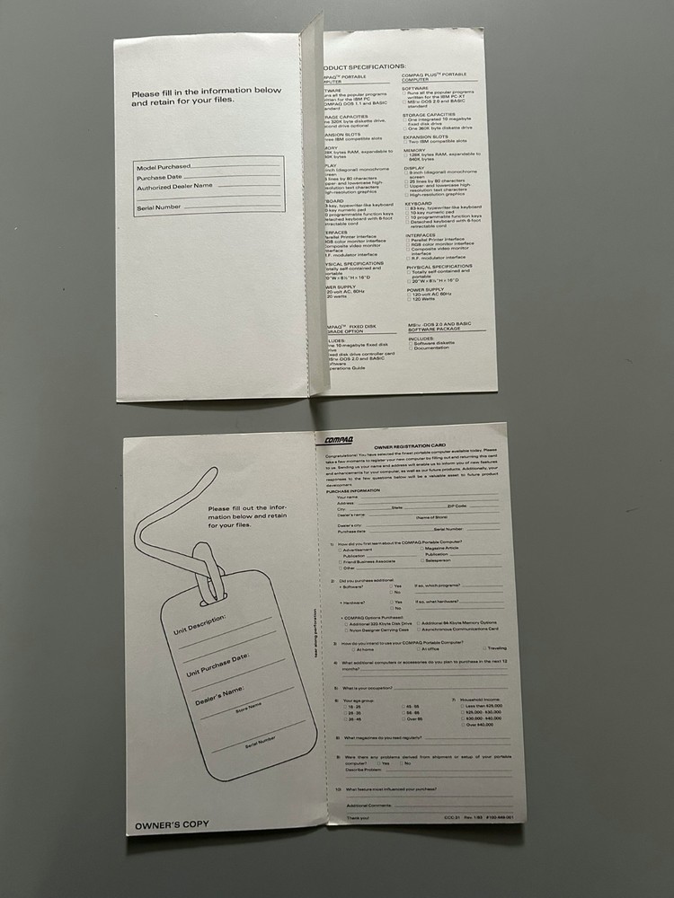 Vintage COMPAQ PLUS manuals – Reference Guides for DOS 2.0, BASIC, OPS – UNUSED