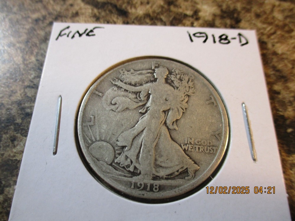 1918-D WALKING LIBERTY SILVER HALF DOLLAR FINE     08