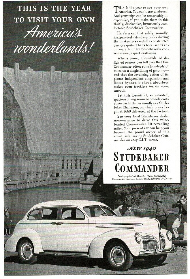 1940 Studebaker Commander 4-door sedan at Boulder Dam Vintage print ad