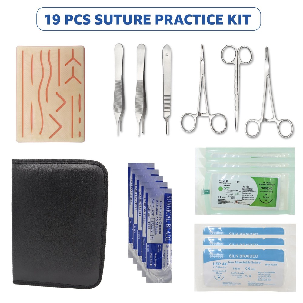19 Pcs Suture Parctice Kit with Scissors Needles Thread Silicon Pad Training Kit