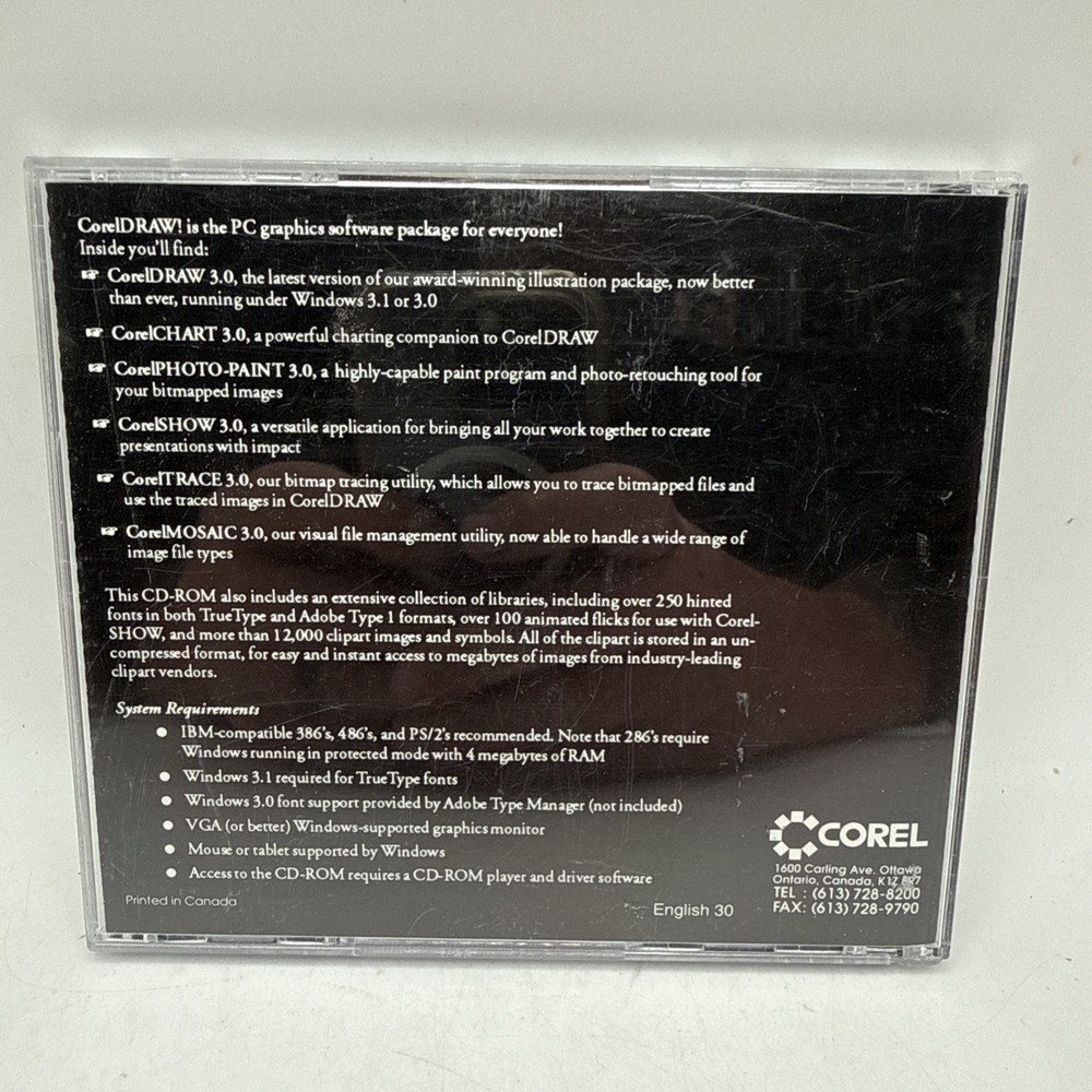 Corel Draw! 3.0 PC CD-ROM Graphics Software Vintage (Corel, 1991) Clean Disc