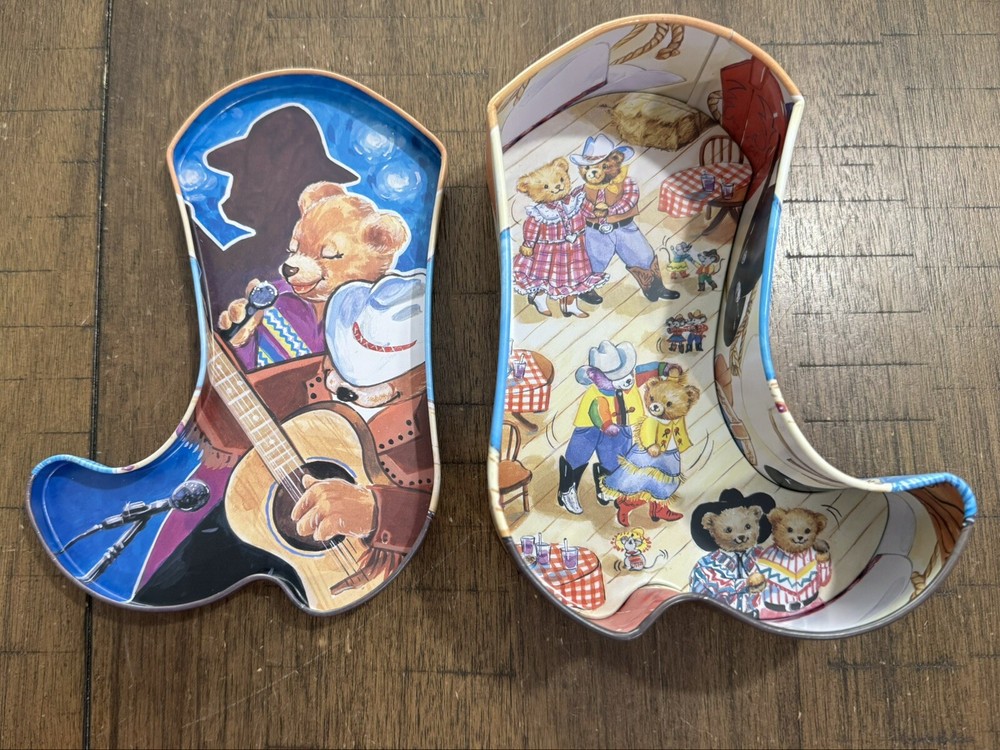 Tin Box Cowboy Boot Style 7" Bears Playing Instruments Square Dancing Inside EUC