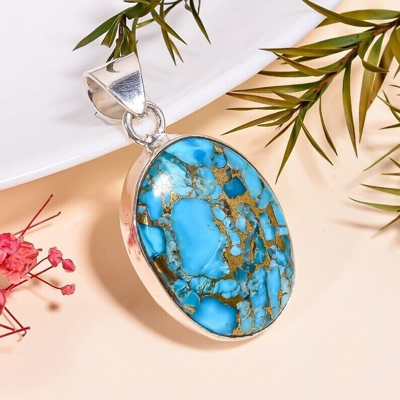 Blue Copper Turquoise Solid 925 Sterling Silver Handmade Women Pendant,  M1404