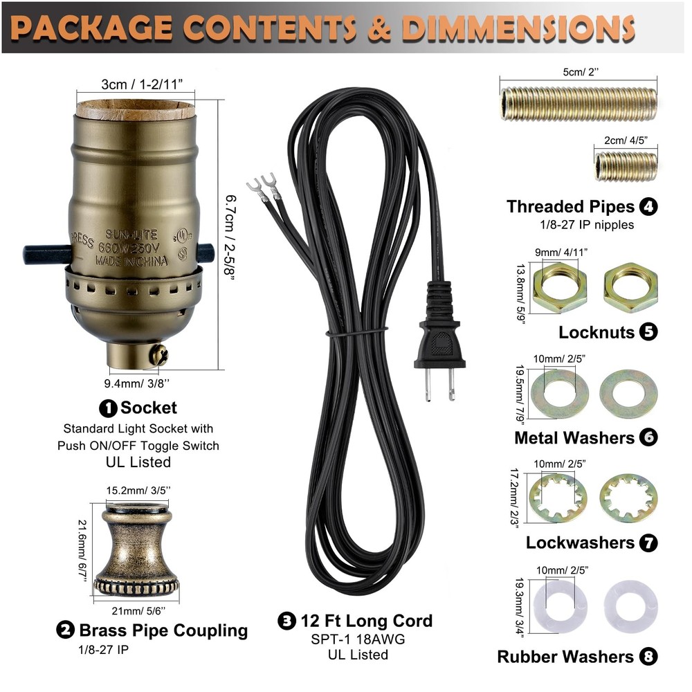Antique Brass Lamp Socket Replacement Kit with Electric Cord Set - DIY