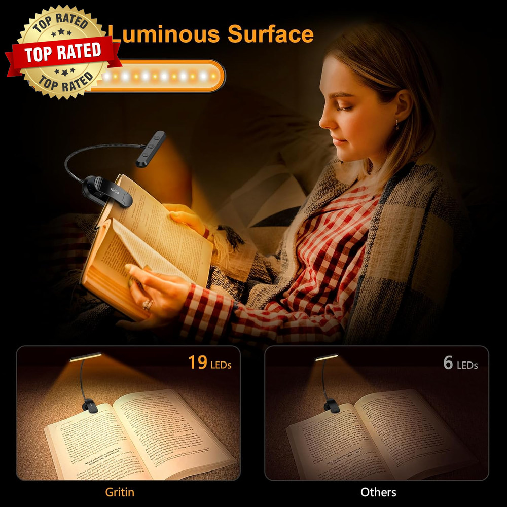 Rechargeable Book Light for Reading in Bed with 19 LED &Memory Function-Eye Cari