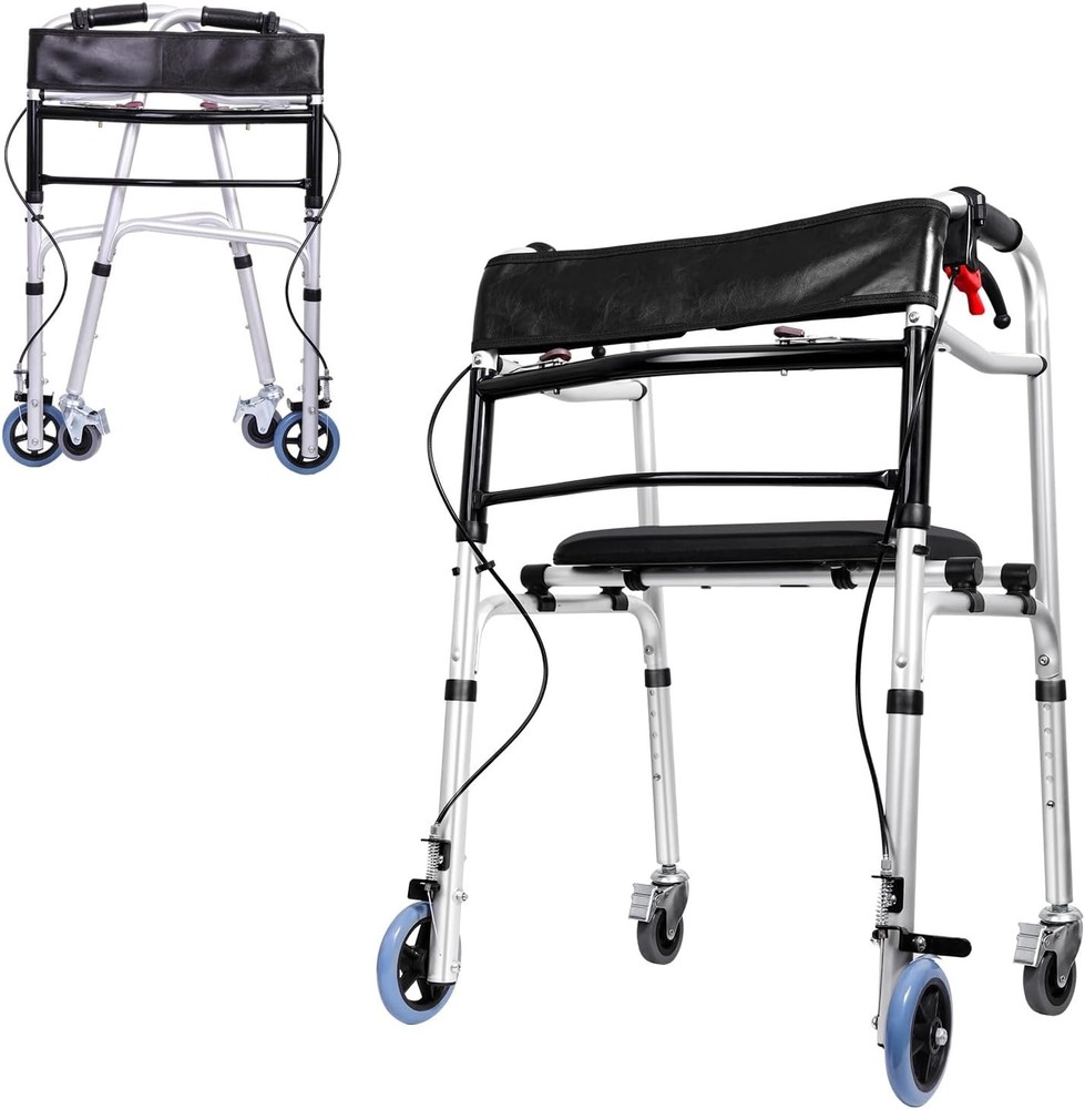 2-Button Folding Walker Height Adjustable Walking Aid with Seat 4 Wheels Brakes