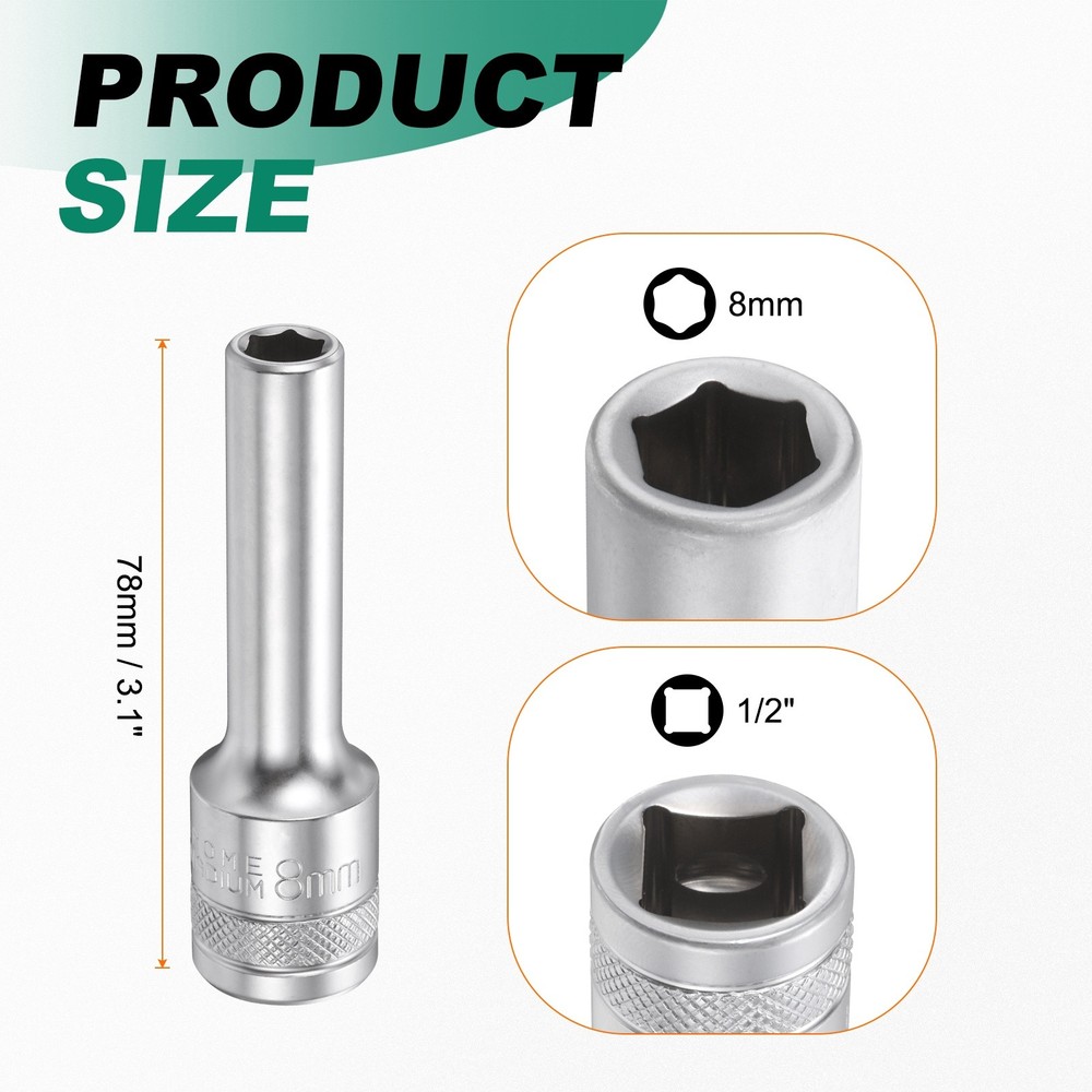 2pcs 6 Points Deep Socket 1/2" Drive 8mm Nickel Plating Hex Socket 3.1" Long