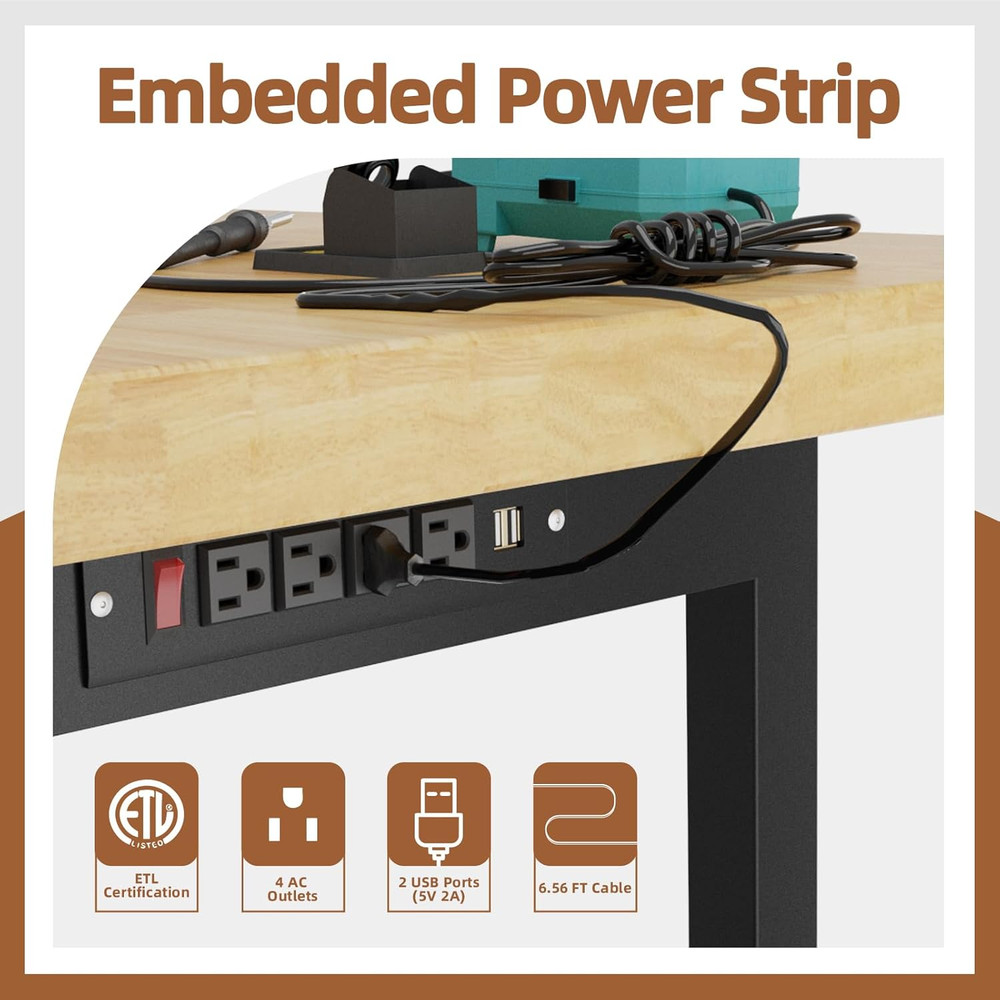 60" Adjustable Workbench with Wheels and Drawer, Solid Wood Rolling Work Bench T