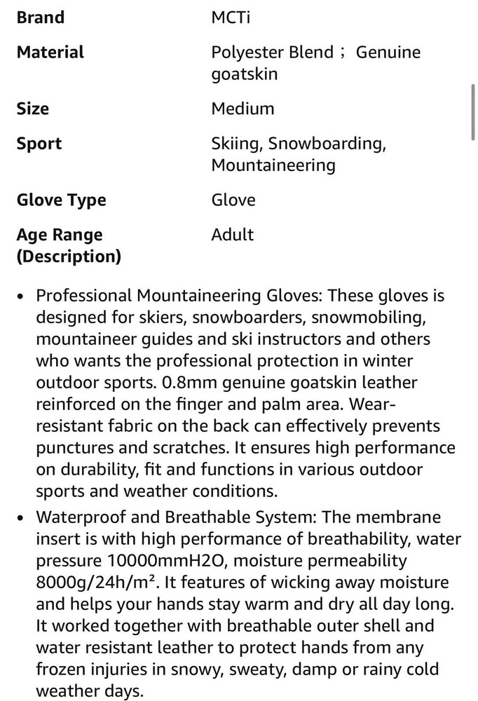 Mens Leather Waterproof Ski Gloves