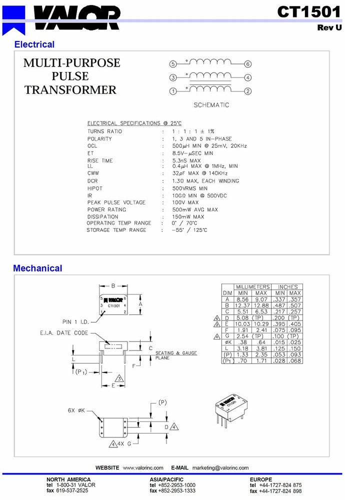 Multi-Purpose Pulse Transformer VALOR CT1501 100V Peak / 500mW