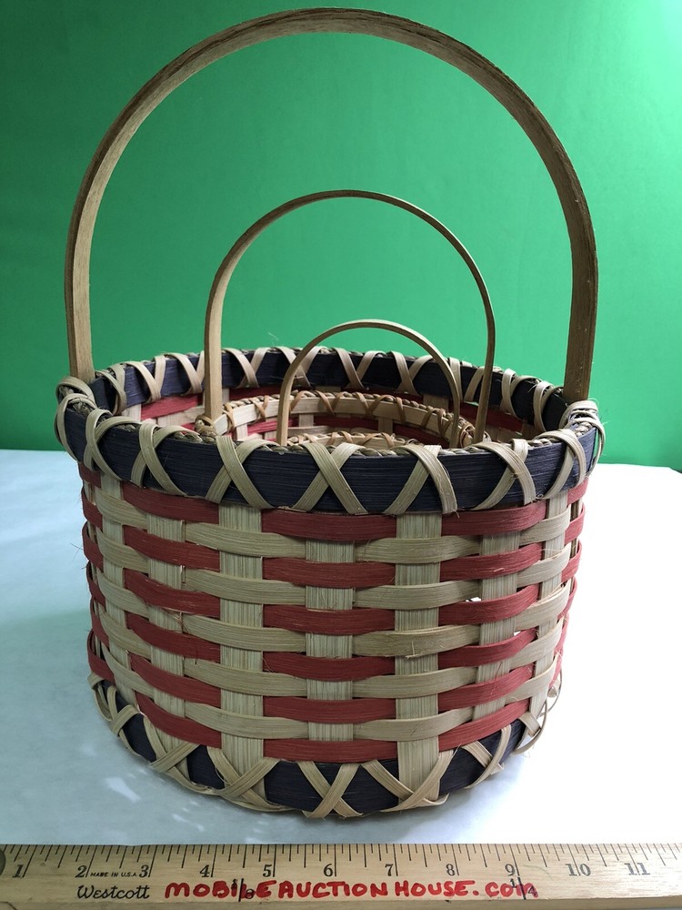 Set 3 Round Handled Woven Baskets Wood Nesting Large Medium Small Signed 2001