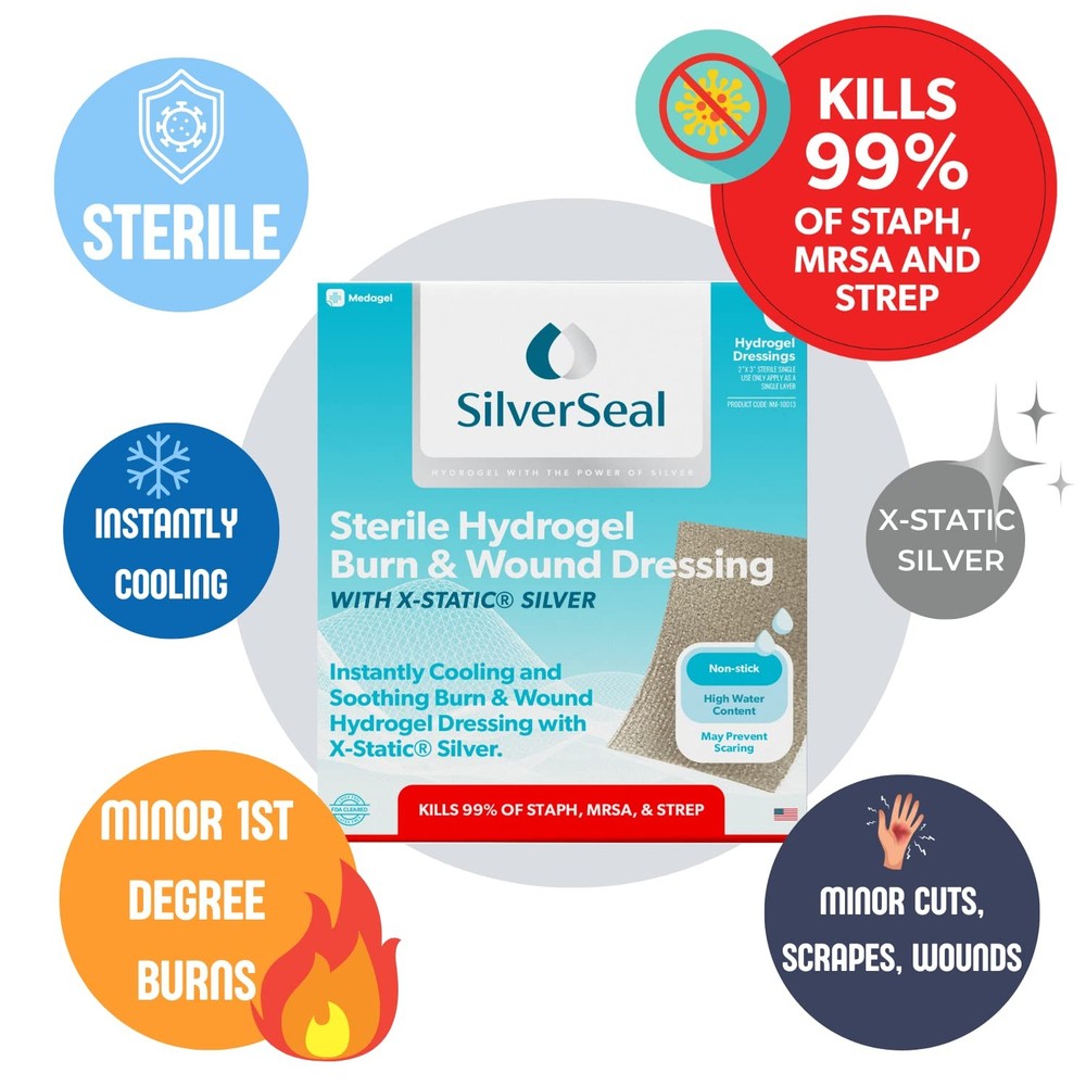 Hydrogel Burn & Wound Pads with Silver, 2"x3" Sterile, 6 Pack