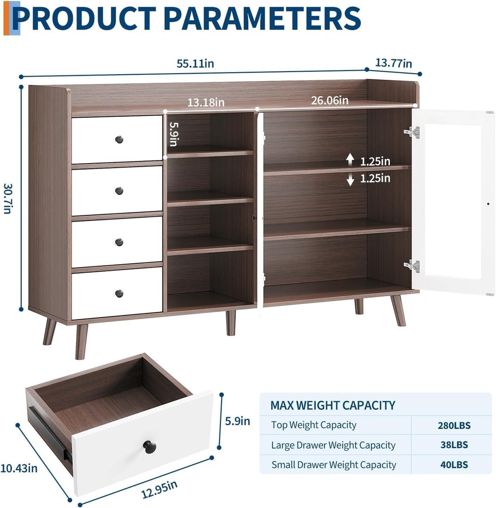 Walnut Sideboard Buffet Cabinet with Adjustable Shelves & Glass Doors