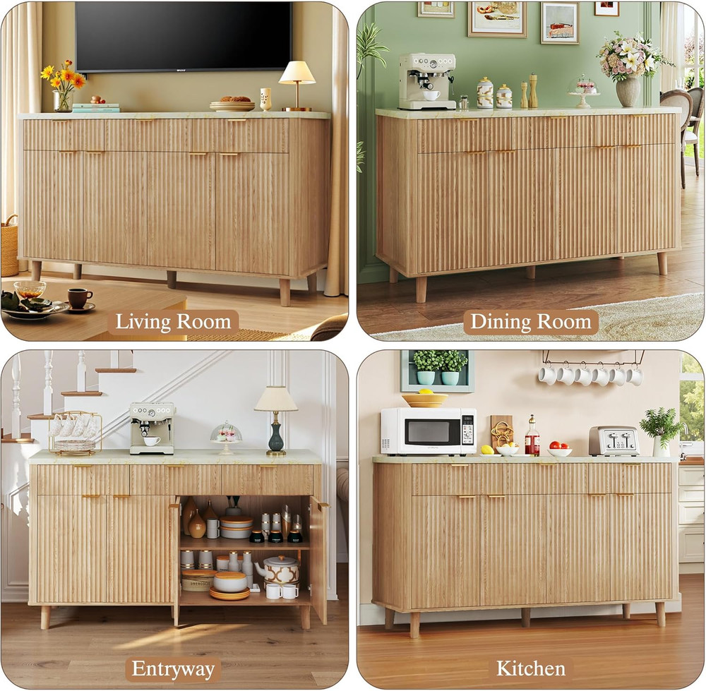 55" Fluted Buffet Cabinet with Storage, Large Sideboard Buffet Cabinet with 4 Do