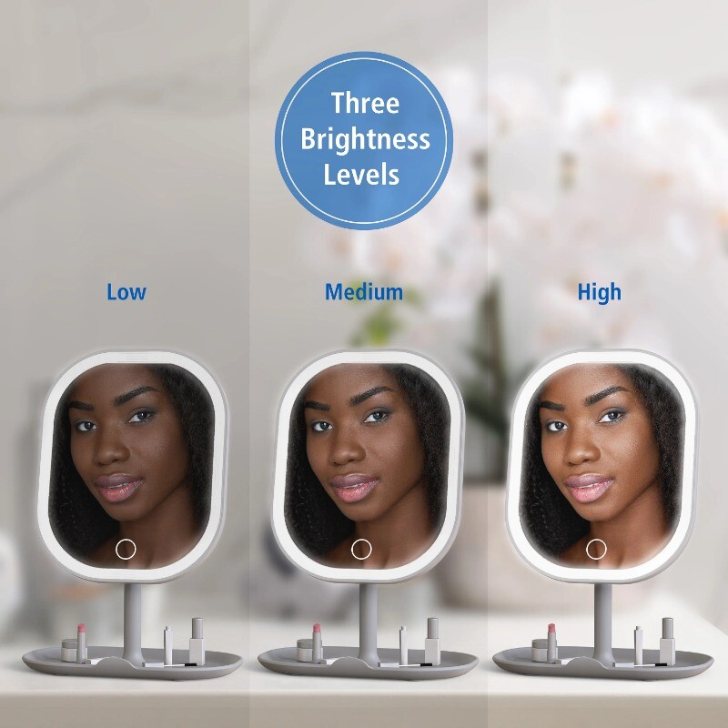 LED Makeup Mirror, Rechargeable Vanity Mirror with Lights and Storage Tray Base