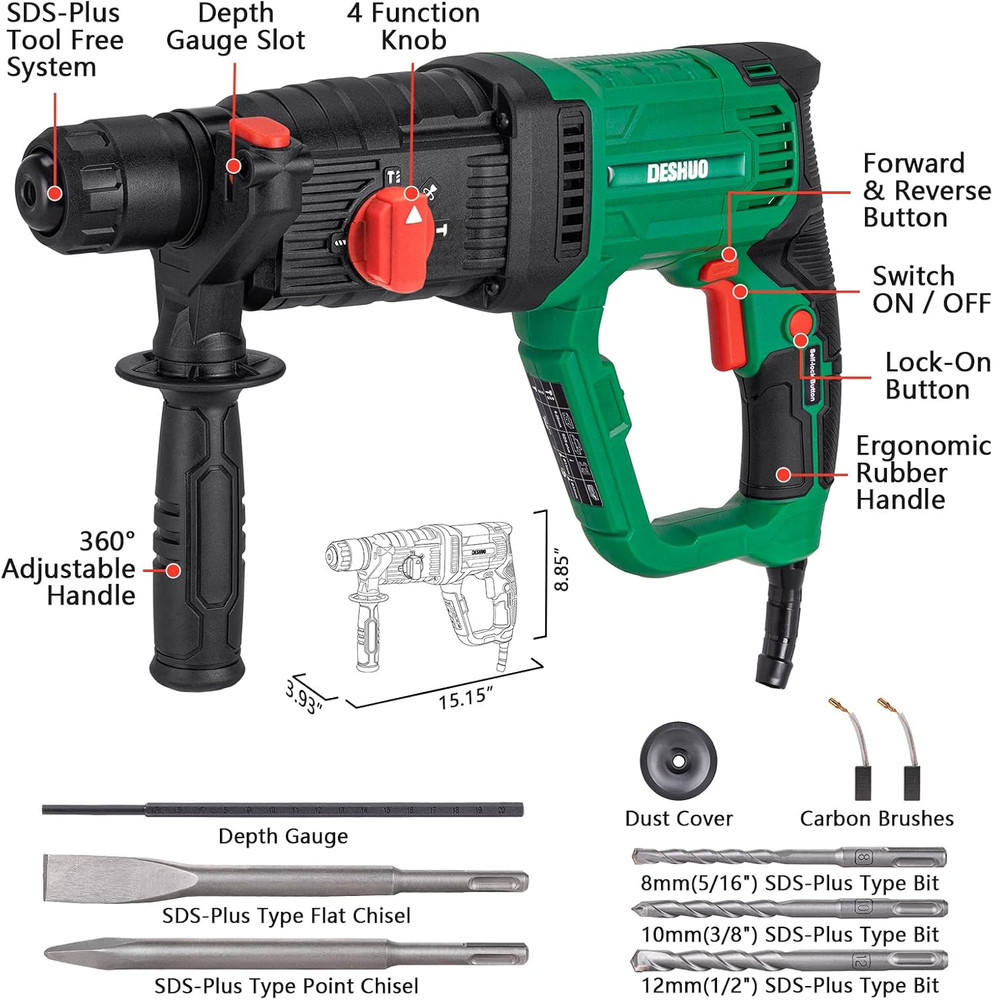 1" Sds-Plus Lightweight Rotary Hammer Drill, 9 Amp 4 Functions Corded Variable S