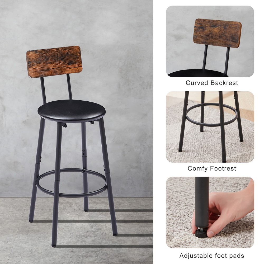 Round Bar Stool Set with Shelf Upholstered Stool with Backrest Rustic Brown