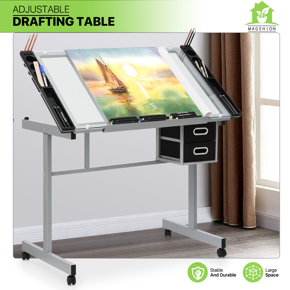 41" Adjustable Rolling Drafting Table Tempered Glass Tabletop Craft Work Station