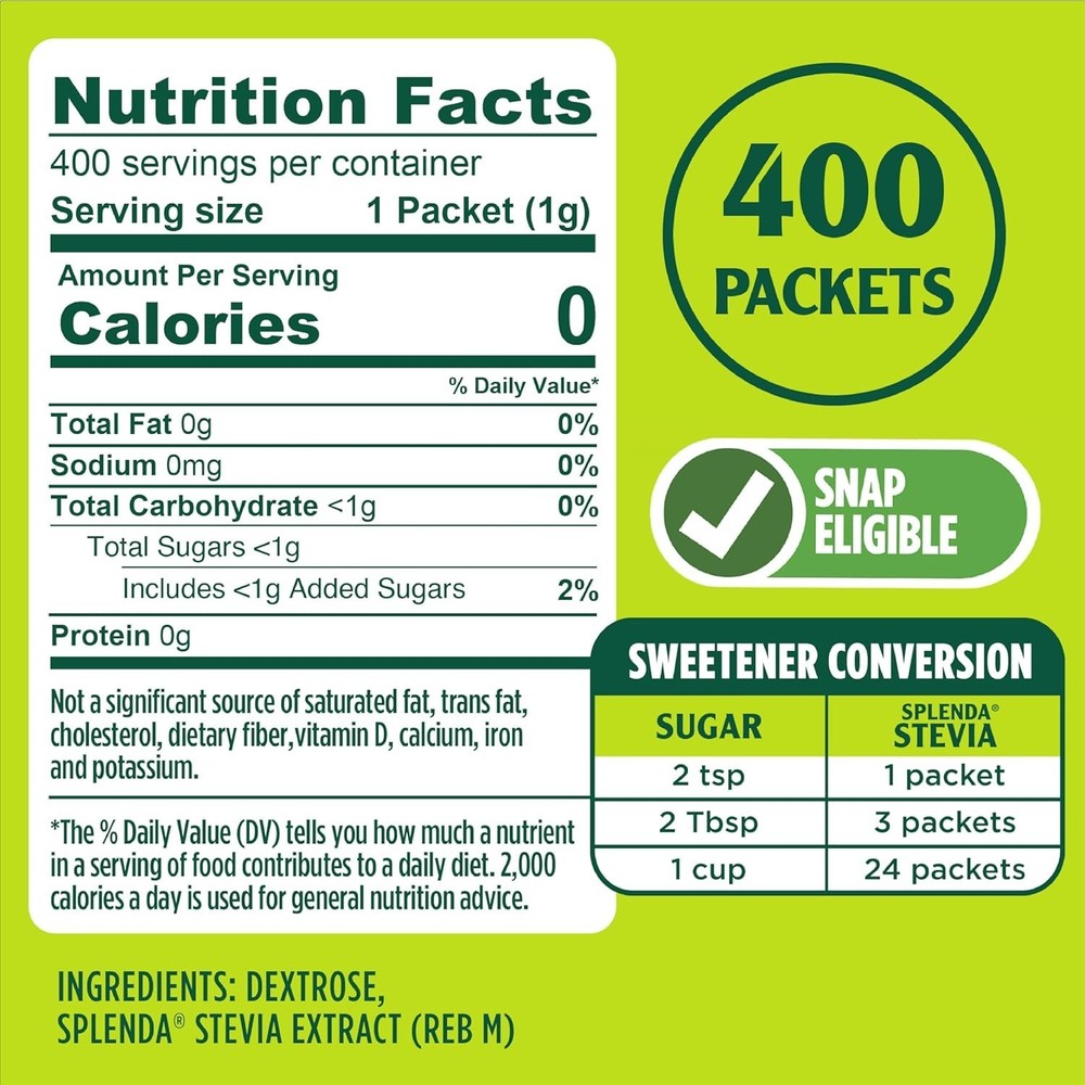 SPLENDA Stevia Zero Calorie Sweetener, Sugar Substitute Packets, 400 Count (Pack