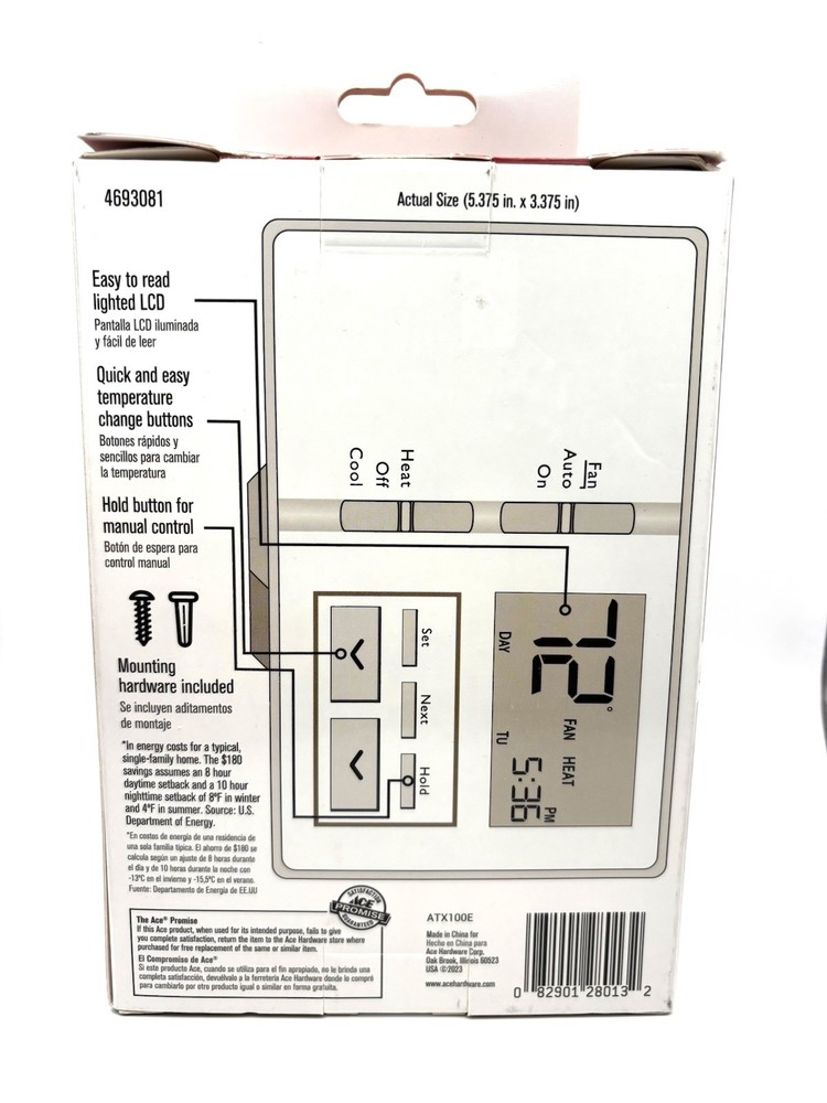 Ace Programmable Thermostat 1 Heat/ 1 Cool Setting 4693081 New