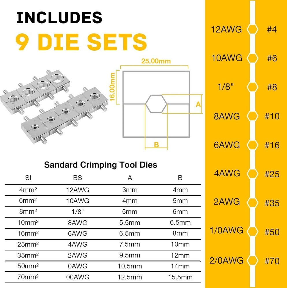 Professional Hydraulic Battery Cable Crimper with Ergonomic Handle - 10 Tons