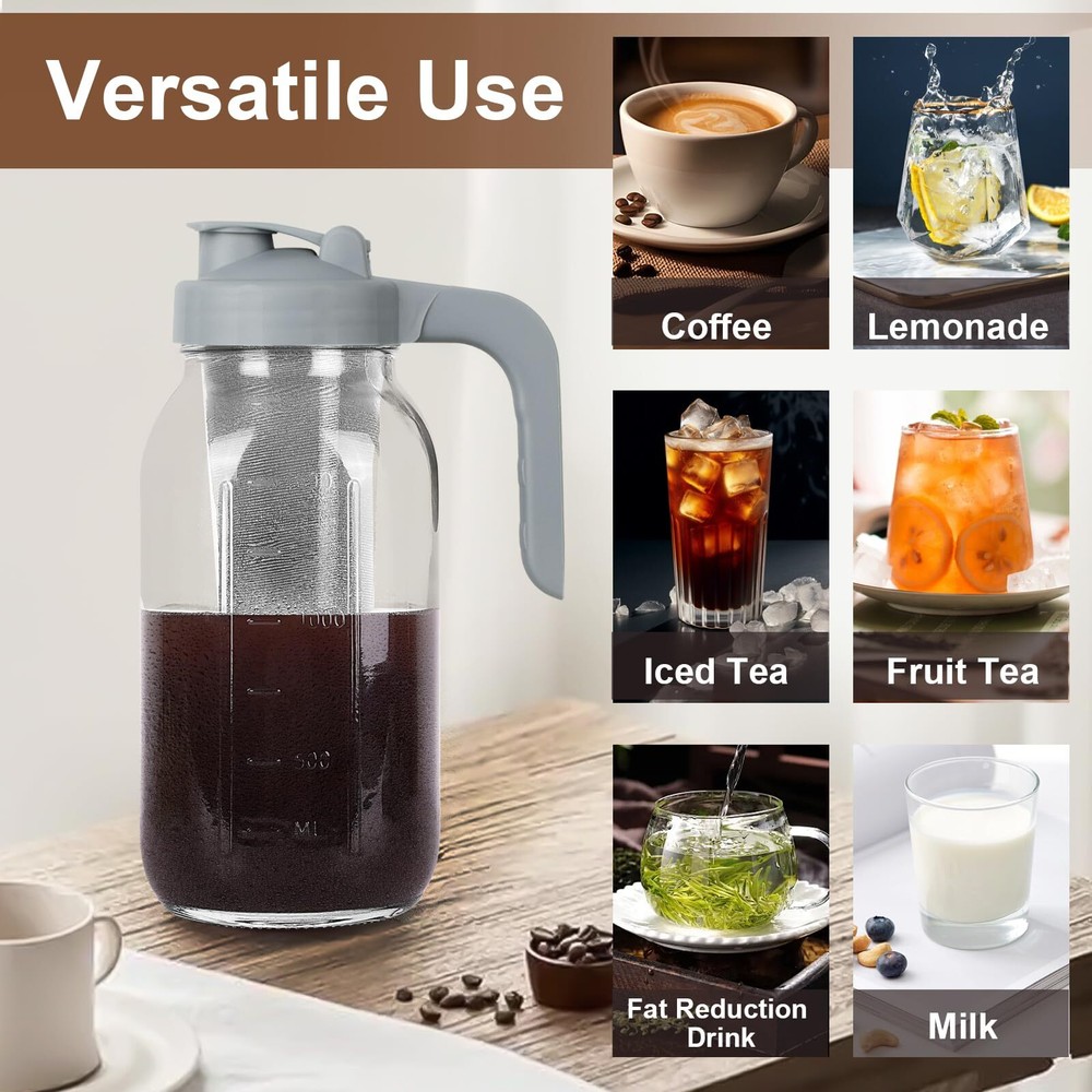 64oz Cold Brew Coffee Maker Pitcher Glass Mason Jar Pitcher with Handle Lid