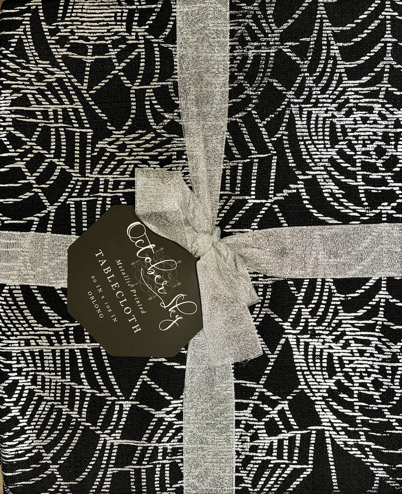 October Sky Halloween Metallic Silver Spiderweb Cloth Tablecloth 60” X 102”
