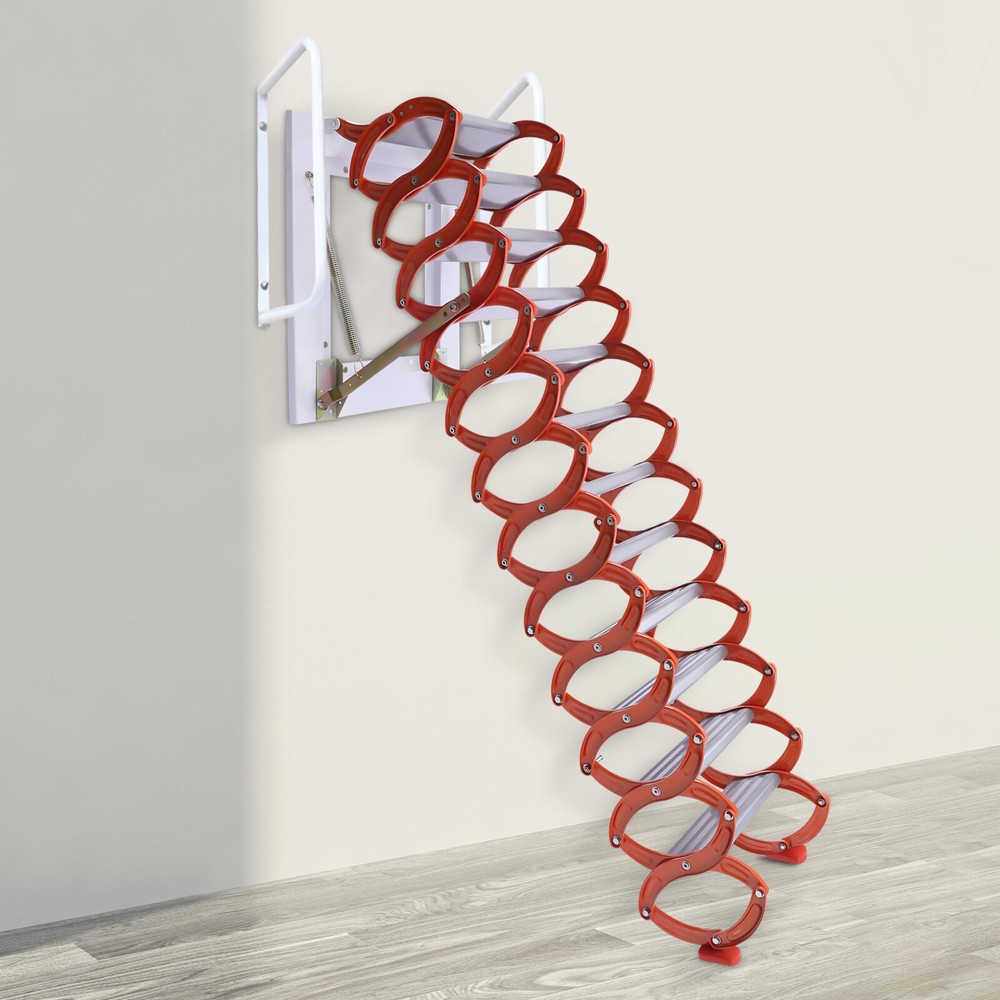 Foldable Retractable Wall-Mounted Pull Down Stairs Attic Ladder 12-Steps Ladder