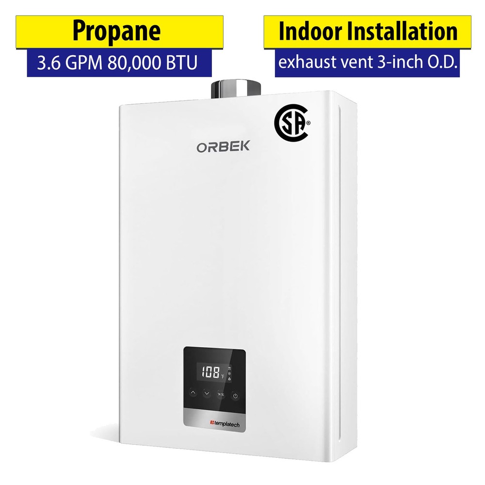 Tankless Water Heater Propane 3.6 GPM 80,000 BTU Indoor Instant Hot Water
