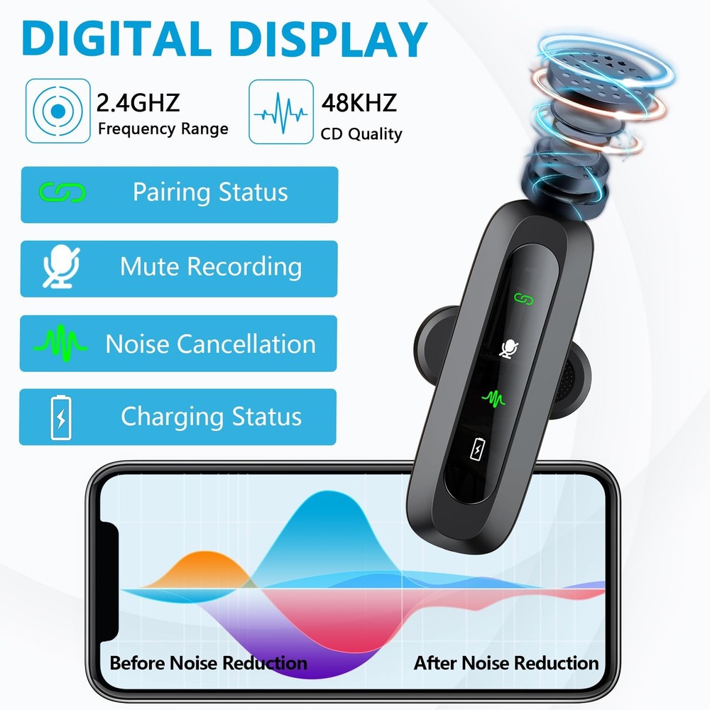 Utsund Wireless Microphone Black LED Display for iPhone and Android, Black6