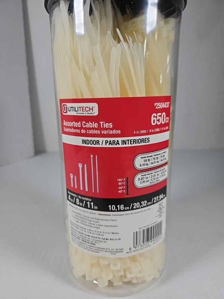 UTILITECH ASSORTED CABLE / ZIP TIES WHITE 4" 8" & 11" 650ct NEW