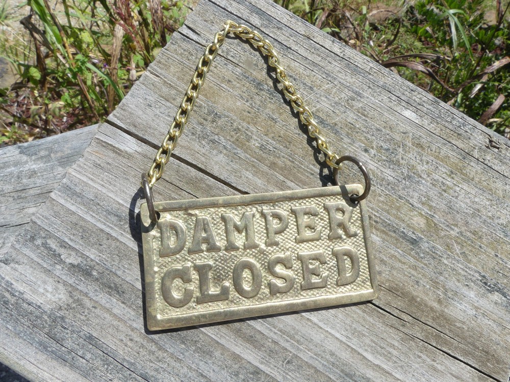 Vintage Solid Brass Fireplace Damper Sign – “Damper Closed” w Hanging Chain