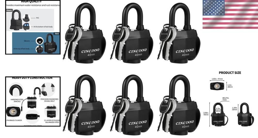 Weatherproof Padlocks - 6 Pack Keyed Alike Heavy Duty Security