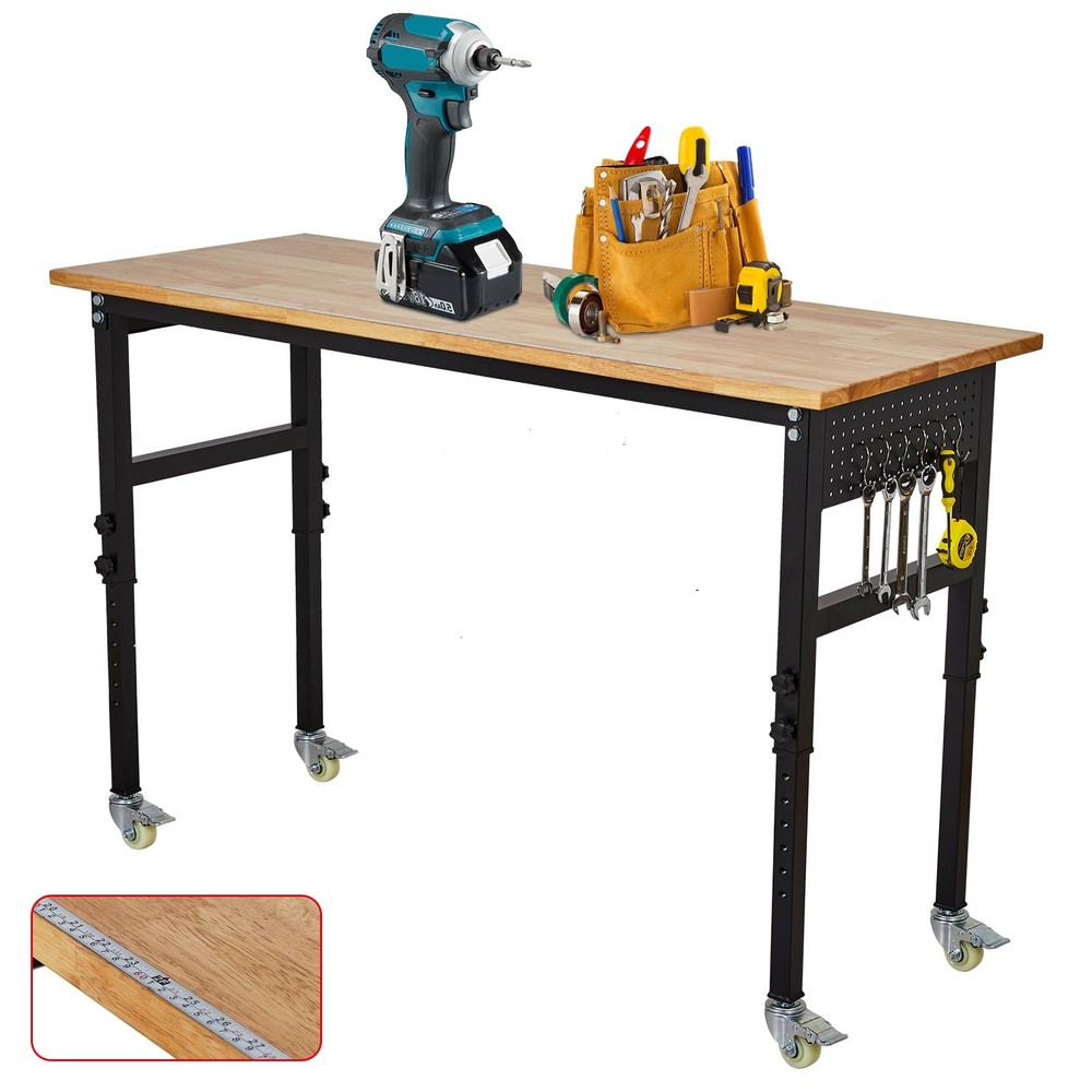 48" Adjustable Workbench with Wheels ,2000 Lbs Rubber Wood Work Table for Garage