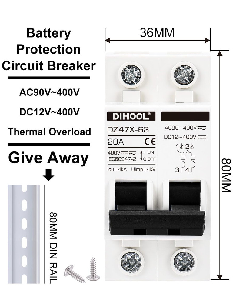 DIHOOL Solar Disconnect Switch, 20 Amp 2 Pole, DIN Rail Mount, Non Polarized, 12
