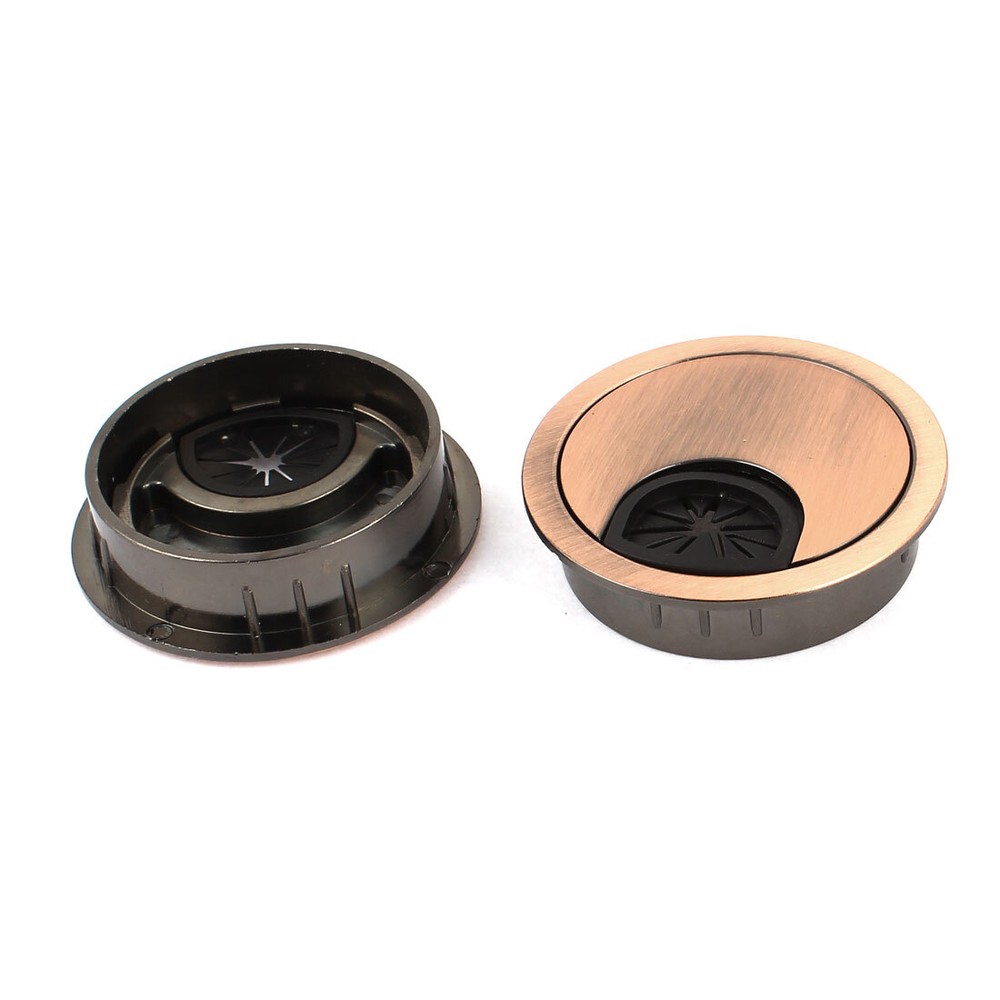 Computer Desktop Line Cable Wire Hole Round Cover Box Bronze Tone 2 Pcs